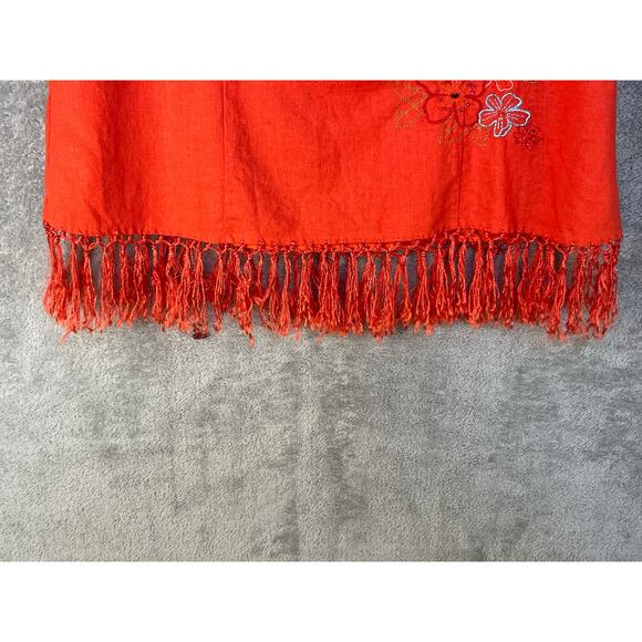 2 Piece Linen Blend Pant Set Size 10 Orange Floral Embroidered Beaded Fringe - Picture 4 of 10